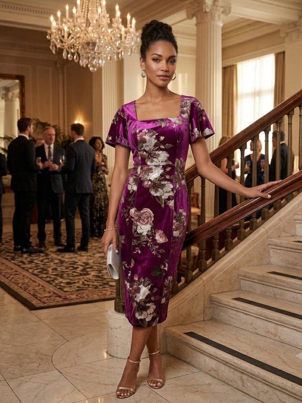 Ignite Evenings Metallic Floral Velvet Midi Dress, Size 10p NWT